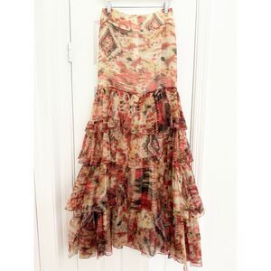 Danielle Rollins Simone Skirt Orange Beige Ikat Silk Organdy Tiered Maxi 6‎ NWT